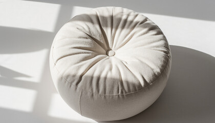 Obraz premium Minimalist round off-white floor cushion or pillow with tufted button detail, casting long shadows on a bright white background, showcasing texture and soft light.