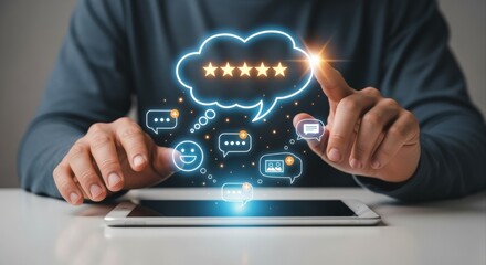 Customer feedback visualization with glowing interface elements showcasing five star rating on a digital tablet
