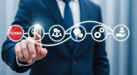 Businessman Touching Feedback Button, Illustrating Customer Experience, Support, and Business Process Improvement in Digital Technology