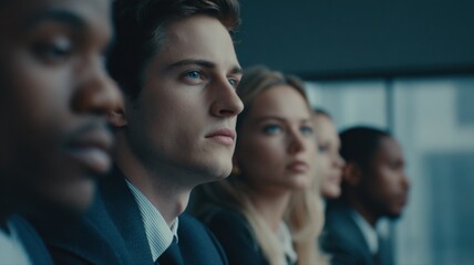 Diverse group of business professionals attending a seminar, conference, or corporate training, looking forward with focus and determination