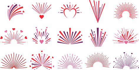 A collection of pink and red heartburst designs on transparent background