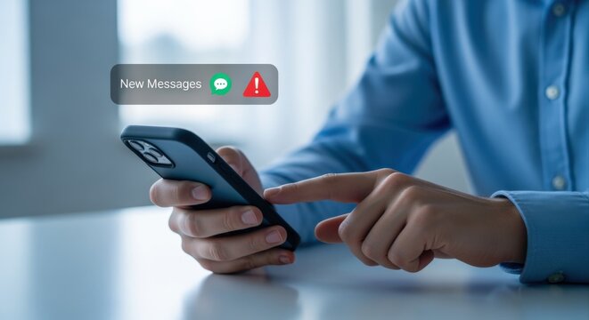 Receiving new messages on mobile phone, getting notifications, using cellphone, online communication, modern technology