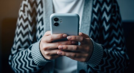 Woman Holding Smartphone, Engaging with Mobile Technology, Close-Up on Hands and Device, Social Media Communication