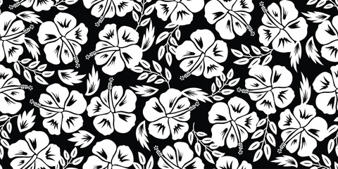 Beautiful tropical rainforest pattern. black white hibiscus flowers motif, hibiscus flower on a white background. Summer fabric patterns Hawaiian shirts. botanical motifs floral hibiscus.black white.