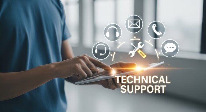 Person Using Tablet for Technical Support with Icons Representing Communication Channels and Tools - Powered by Adobe