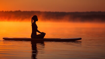 Woman meditating on paddle board at sunrise enjoying peaceful morning water activities