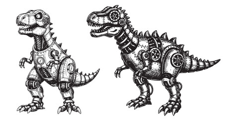 Obraz premium Mechanical dinosaur hybrid illustration in vintage engraved steampunk style