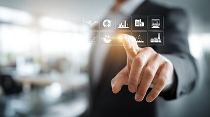 Businessman Using Virtual Interface Displaying Industry Icons, Representing Modern Technology and Business Solutions