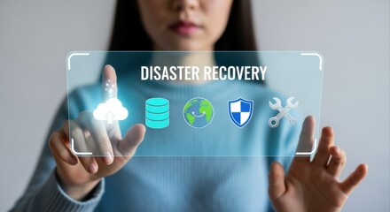 Woman Interacting with Disaster Recovery Interface Displaying Cloud, Data, World, Security and Tools Icons