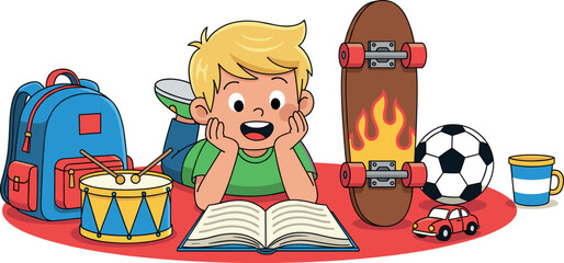 Happy young boy lying on a red rug reading a book surrounded by toys school bag skateboard and drum.