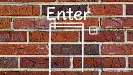 Vintage Red Brick Wall with Enter Sign and Window Outline