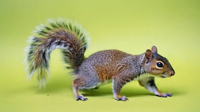 Adorable squirrel with fluffy tail standing on yellow background
