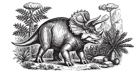 Triceratops wildlife landscape illustration in vintage engraved vector style © Gabut Stock