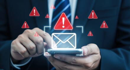 Phishing Email Alert on Smartphone: Man Holds Phone Displaying Warning Icons, Implying Security Risk and Cyber Threat