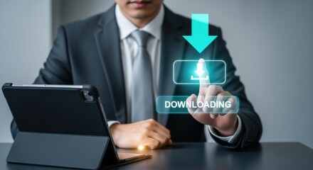 Businessman Initiating Digital Download on Tablet: Data Transfer, Connectivity, and Modern Technology in Business Operations