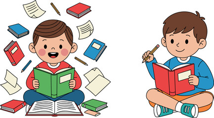 Happy young boy sitting on the floor reading a green book surrounded by flying papers books and pencils vector illustration.