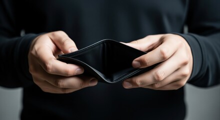 Empty Wallet Concept: Financial Hardship and Economic Struggles Depicted by Empty Pocketbook in Hands