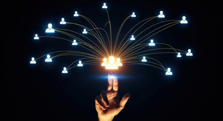 Network Connection Concept: Hand Touching Central Hub, Expanding Global Connections, Data Visualization, and Technology Integration