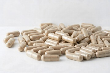 Pile of beige capsules on a white surface, showcasing their smooth texture and uniform size, against a neutral background