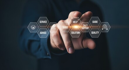 Virtual Assistance Concept: Hand Touching Digital Interface Offering Support, Solutions and Guidance