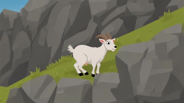 White goat standing on a rocky hillside with green grass.