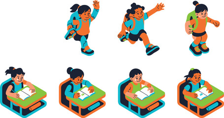 Isometric school children characters with backpacks running and studying at desks for back to school education vector set.