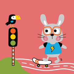 Fototapeta premium Playful rabbit character being illustrated skateboarding near traffic light outdoors. Kids activity concept 