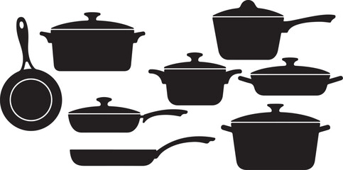 Black kitchen cookware and utensils silhouettes on white background