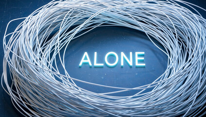 Tangled Wires Surrounding the Word Alone on Blue Background