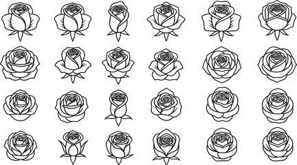 Large collection of minimalist rose flower line icons featuring various blooming stages and floral outline symbols for elegant branding.