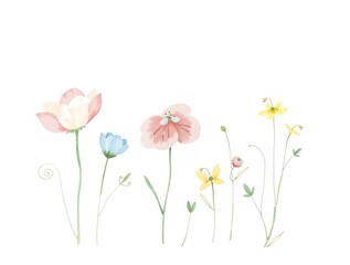 Whimsical hand-drawn watercolor illustration of cute and cozy floral soft petal-like flowers in pastel shades of pink, blue, and yellow, with green stems and leaves