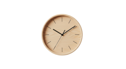 Minimalist light wood round wall clock with black hands on black background time watch, Isolated On Png Transparent Background