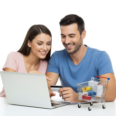 Smiling couple checking online shopping cart, laptop and credit card, transparent background