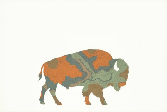 American Bison Silhouette with Topographic Map Texture - Powered by Adobe
