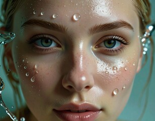 Serene Beauty Portrait: Woman Enjoying Fresh Water Drops on Her Face