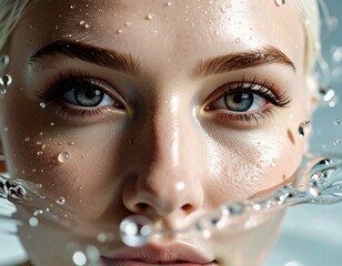 Freshness and Clarity: Woman's Face Covered in Tiny Morning Dew Drops