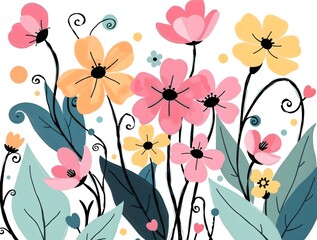 simple illustration of colorful flowers with petals of pastel pink, blue, and yellow, with whimsical plants curly stems and large leaves in shades of green, soft white background