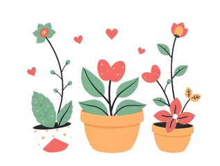 simple illustration of Stylized cute cozy Composition of cute, cartoon plants in flat style on a white background