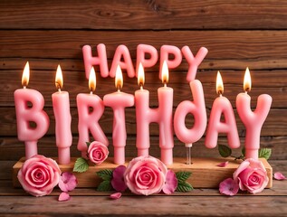 simple illustration of Stylized cute cozy happy birthday candle letters for girl in pink shades with beautiful rose flowers