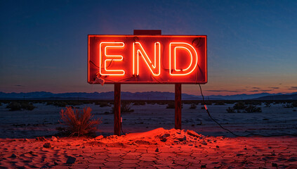 Neon End Sign in Desert Landscape at Sunset