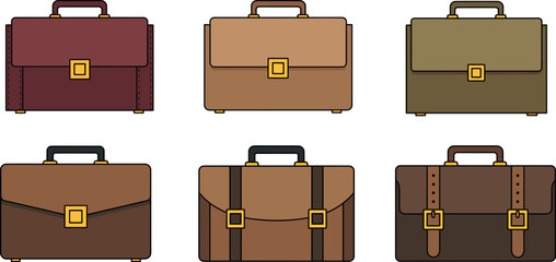 Professional set of executive briefcase icons featuring leather office bags with various metal buckles and colorful business portfolio designs.