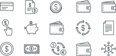 Professional set of finance and banking line icons featuring credit card wallet piggy bank currency exchange and dollar coins.