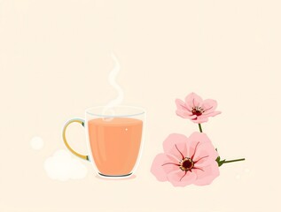 simple illustration of cozy stylized creative composition still life with a delicate transparent mug filled with steaming tea, alongside freshly picked pastel pink flower
