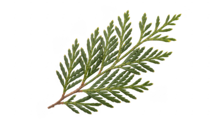 Green coniferous tree branch on black leaves isolated on a transparent background