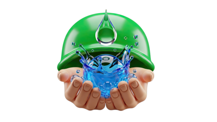 Hands holding splashing water under a protective green dome