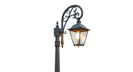 Ornate dark gray metal street lamp with glowing bulb against black light, Isolated On Png Transparent Background