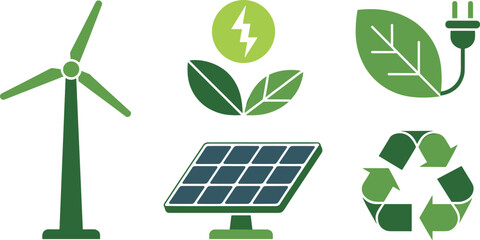 Renewable green energy concept vector with wind turbine solar panel electric plug leaf and recycling symbol for sustainability.