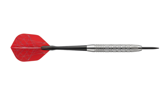 Single red dart with geometric pattern on black background silver metal, Isolated On Png Transparent Background - Powered by Adobe