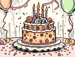 illustration of cozy colorful doodle featuring a vibrant gingerbread birthday cake adorned with swirly icing and candy decorations
