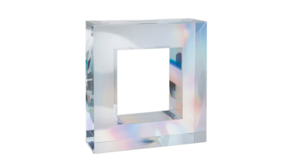 Mesmerizing transparent square object capturing and refracting light, showcasing optical clarity and an abstract minimalist design against a clean white backdrop